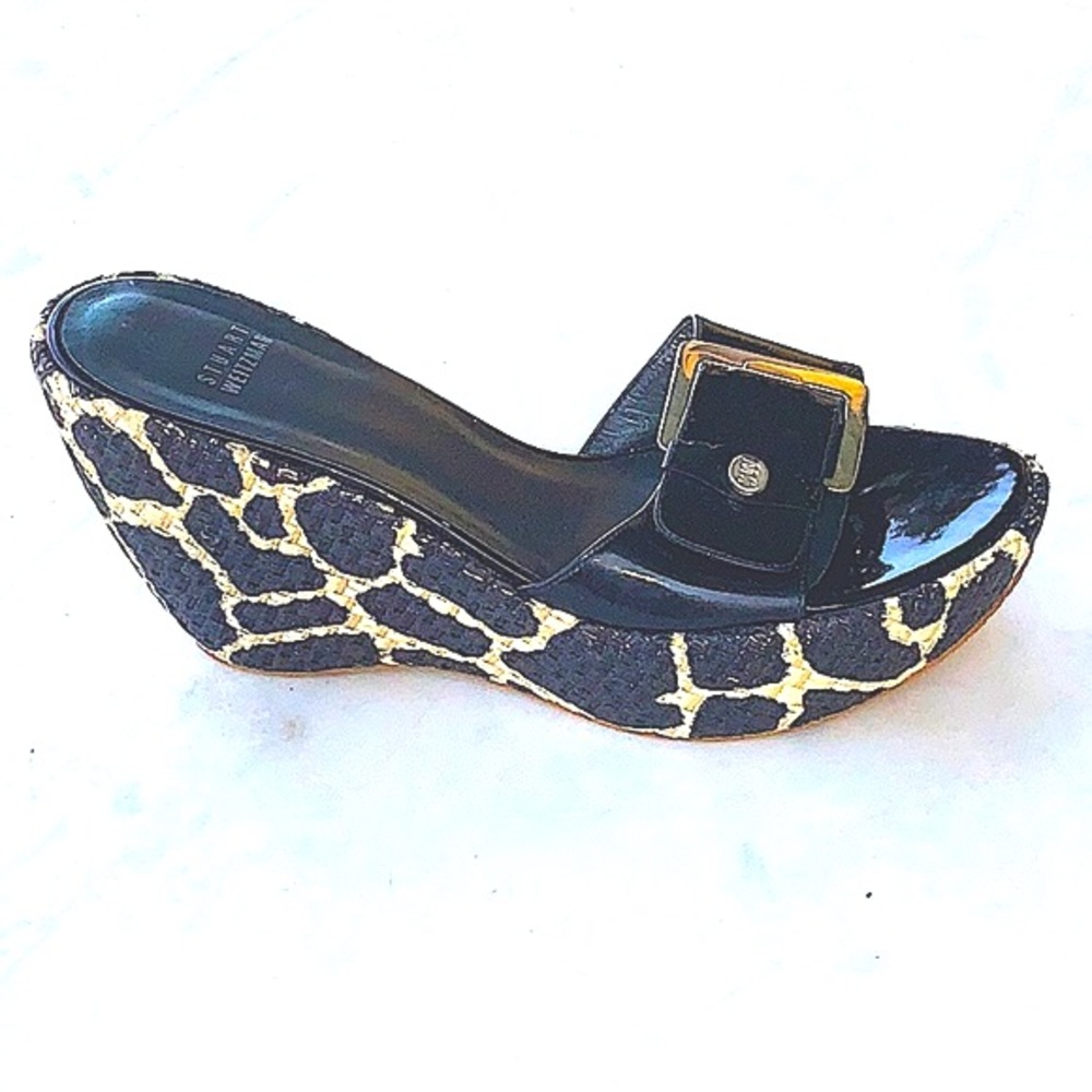 STUART WEITZMAN WEDGE SIZE 9M BLACK PATENT LEATHER ANIMAL PRINT VINTAGE Y2K NEW